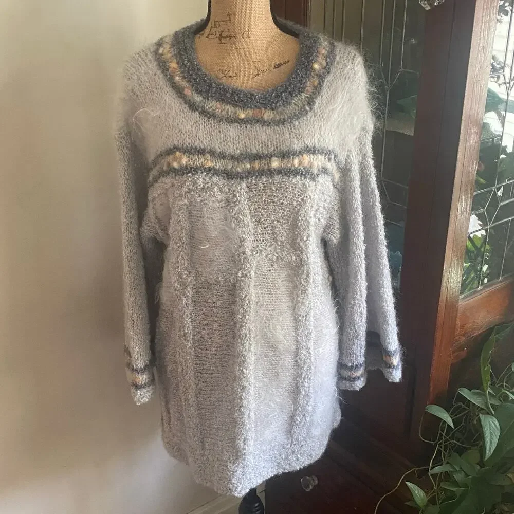 Vintage 70s 80s Handmade Mohair Wool Blend Sweater Fuzzy Knit Tunic Gray Long